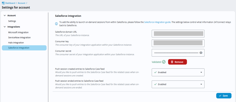 Salesforce integration settings page showing the Salesforce domain URL, Consumer key, Consumer secret, Validated and Remove buttons, and options to push session created and session ended entries to Salesforce.